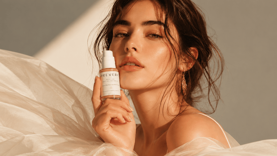 Woman holding PREVERA Peptide Anti-Aging Serum with 2% Hexapeptide-11 for smoother, firmer-looking skin.