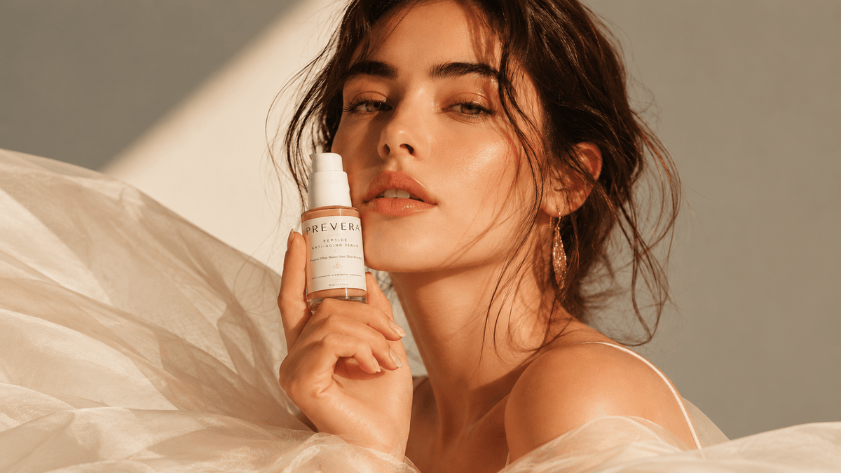 Woman holding PREVERA Peptide Anti-Aging Serum with 2% Hexapeptide-11 for smoother, firmer-looking skin.