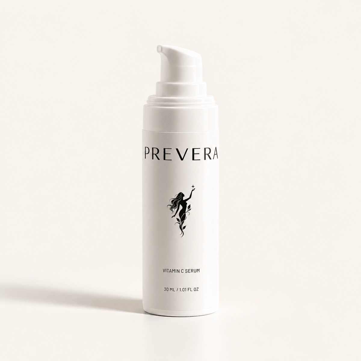 PREVERA Vitamin C Serum in a white pump bottle on a warm ivory background, designed to brighten and support radiant skin.