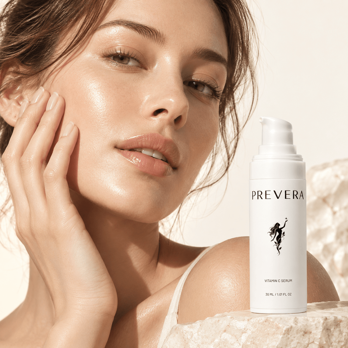 PREVERA Vitamin C Serum beside a woman with luminous, radiant-looking skin, highlighting a fresh, healthy glow.