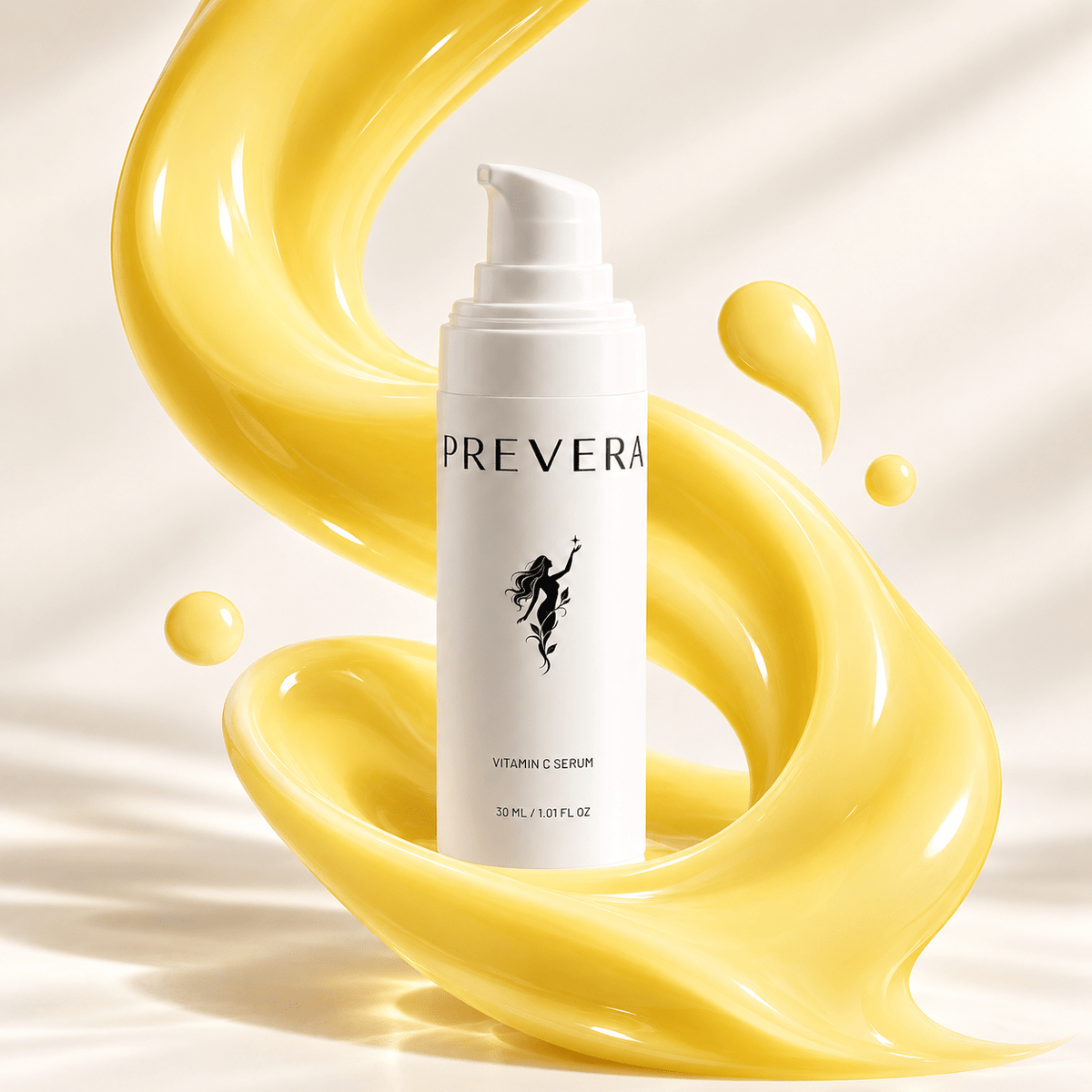 Write for this
PREVERA Vitamin C Serum surrounded by a golden serum swirl, highlighting its brightening formula for radiant-looking skin.