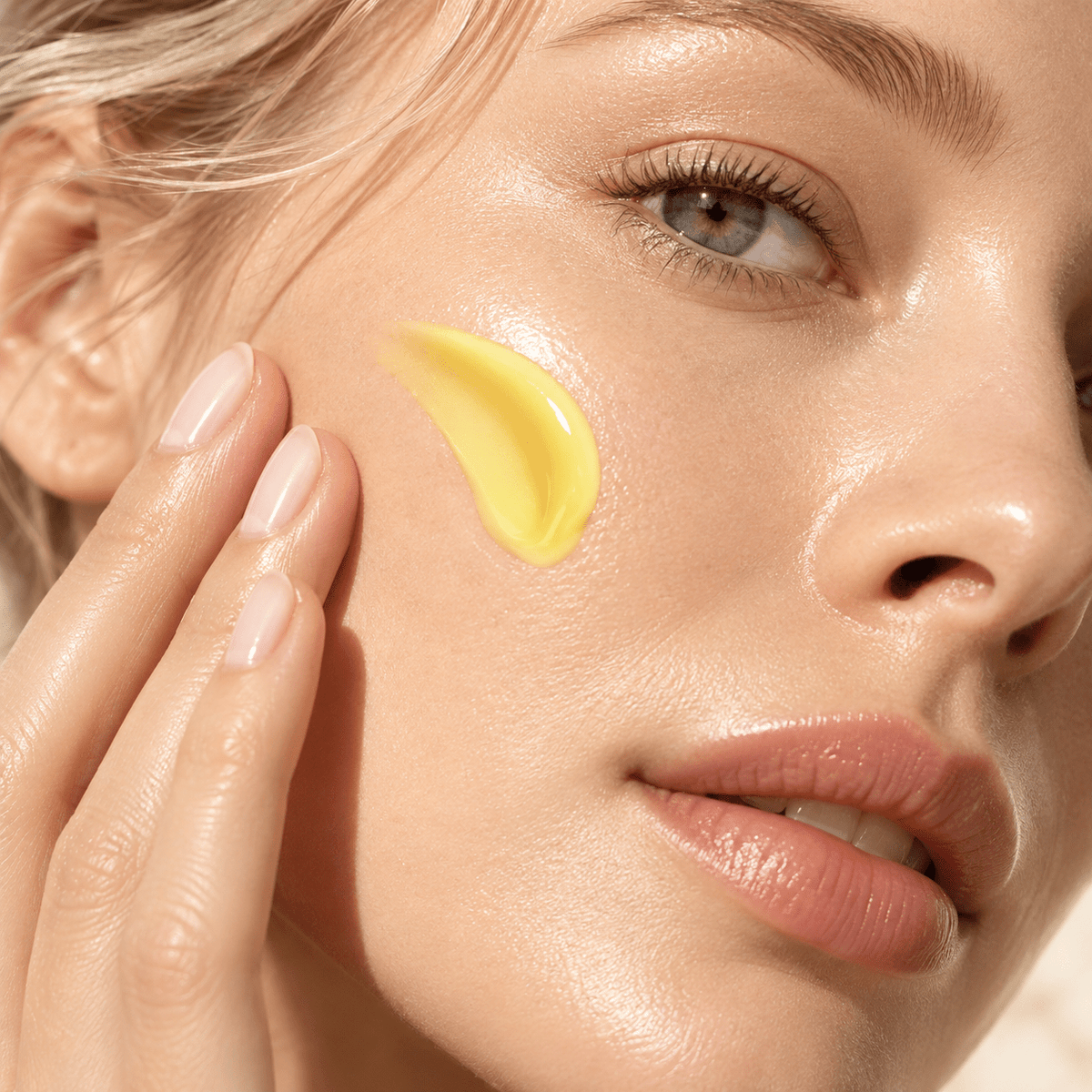 Vitamin C serum applied to a woman’s cheek, highlighting a smooth, luminous complexion and radiant-looking skin.