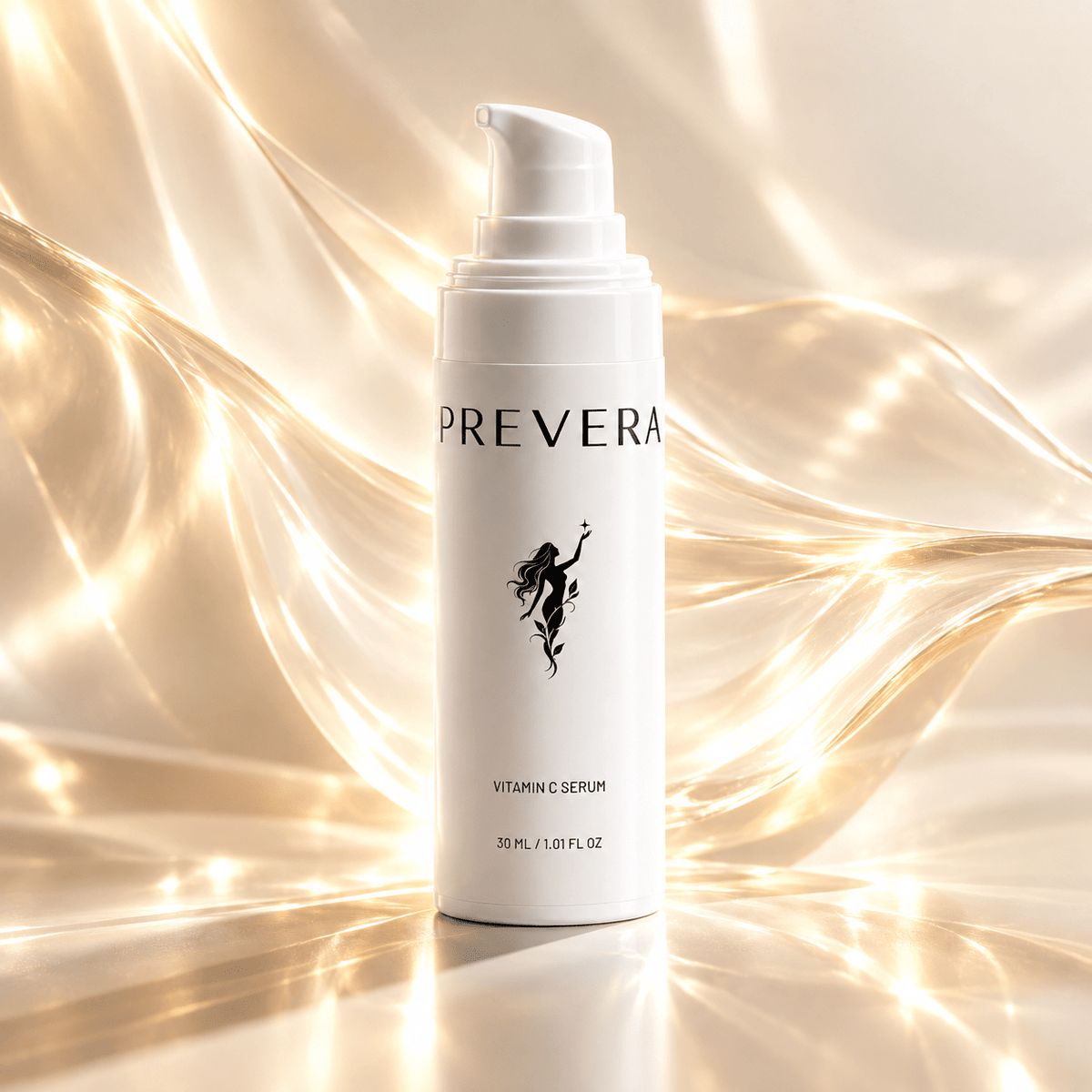 PREVERA Vitamin C Serum surrounded by luminous golden waves, highlighting radiant, bright-looking skin and a healthy glow.