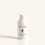 PREVERA Moisturizing Day Cream with Hyaluronic Acid in a white pump bottle on a soft ivory background.