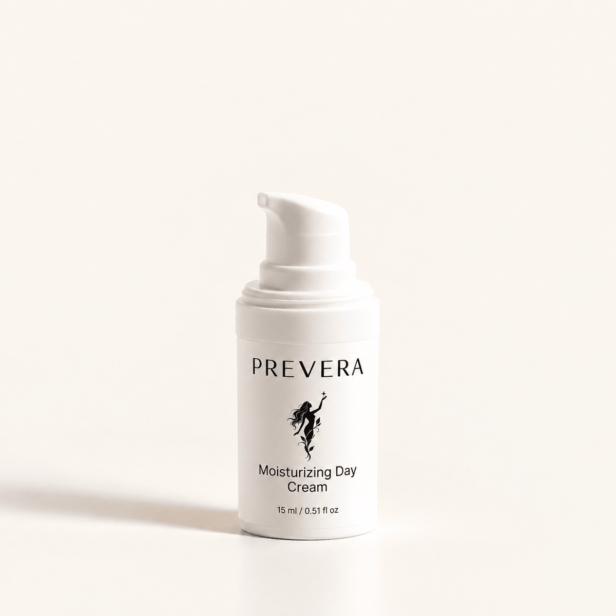 PREVERA Moisturizing Day Cream with Hyaluronic Acid in a white pump bottle on a soft ivory background.