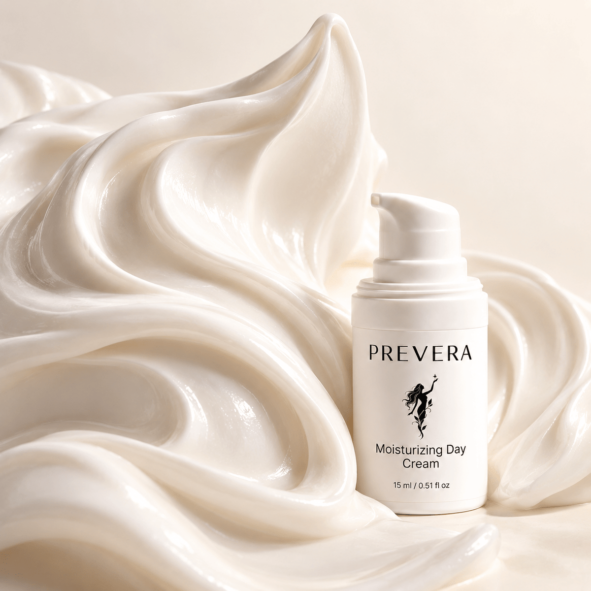 PREVERA Moisturizing Day Cream surrounded by silky white cream, highlighting its rich, luxurious texture.
