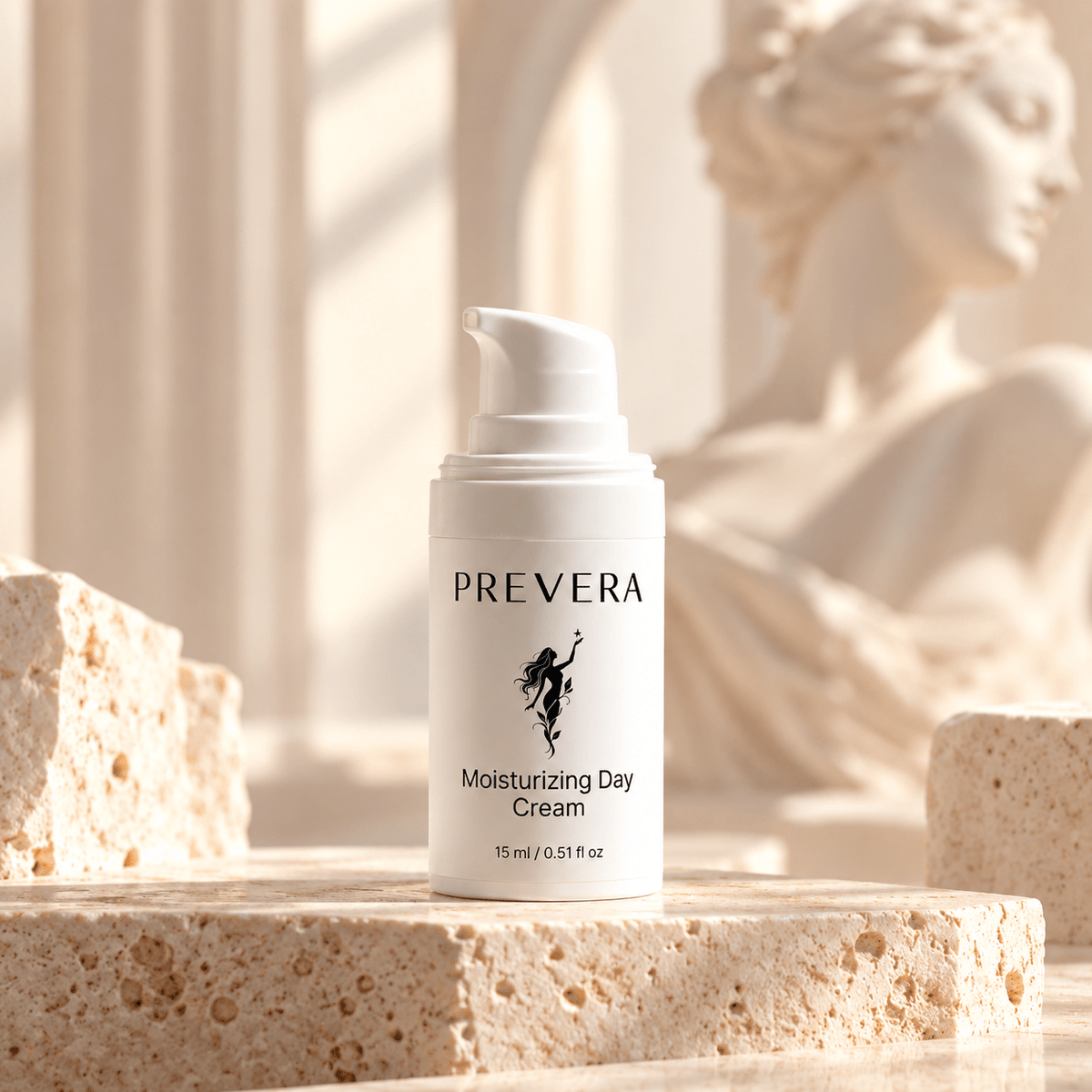PREVERA Moisturizing Day Cream on a stone pedestal in warm sunlight with a classical sculpture behind.