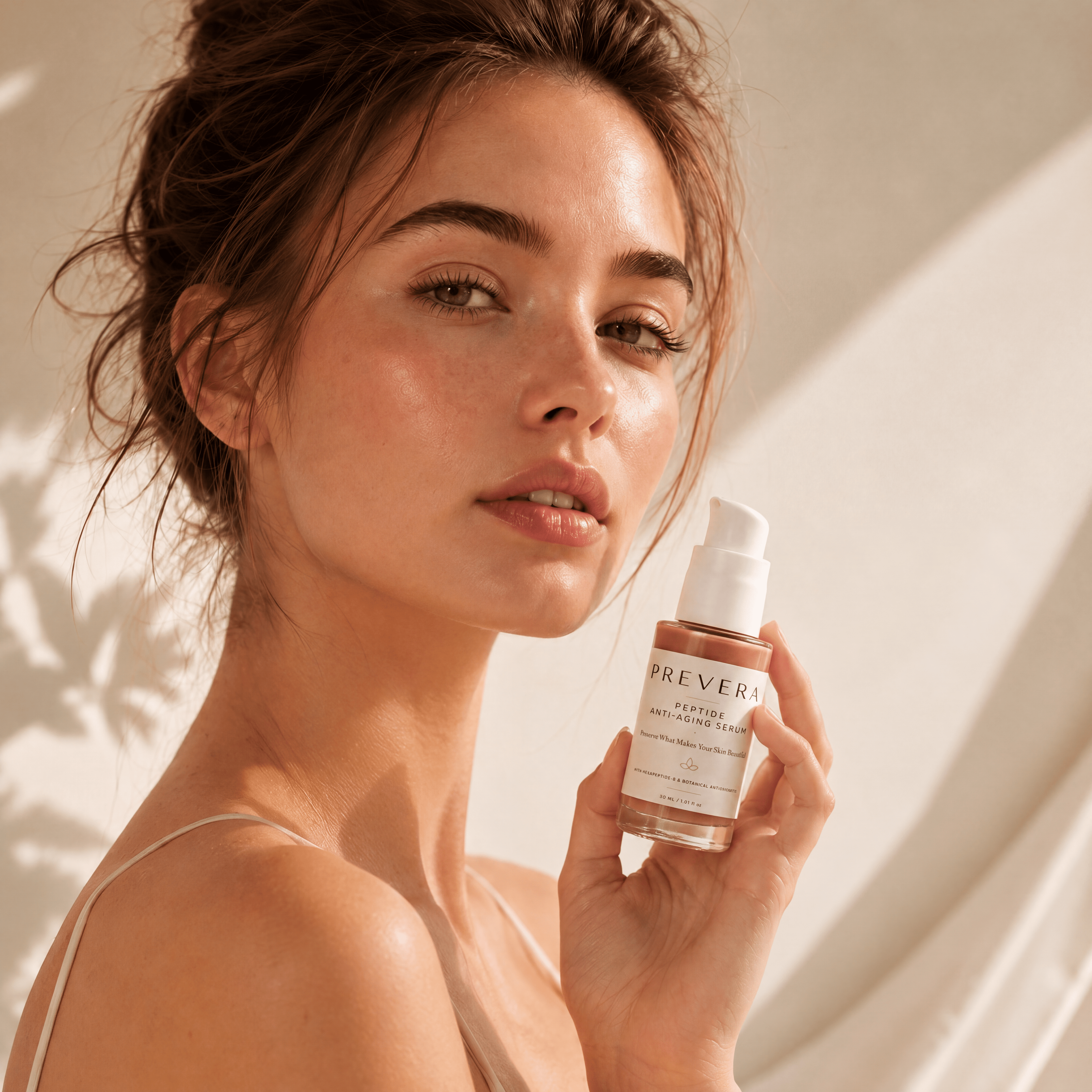 Woman holding PREVERA Peptide Anti-Aging Serum beside her face with healthy, radiant-looking skin.