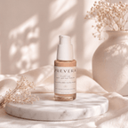 PREVERA Peptide Anti-Aging Serum displayed on a white marble pedestal with soft natural light and delicate flowers.